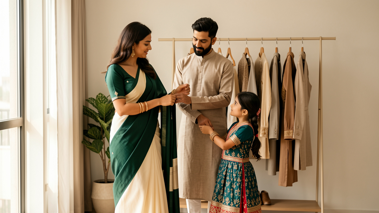 Une famille présente des tenues élégantes et coordonnées autour d’un sari contemporain dans un intérieur moderne.