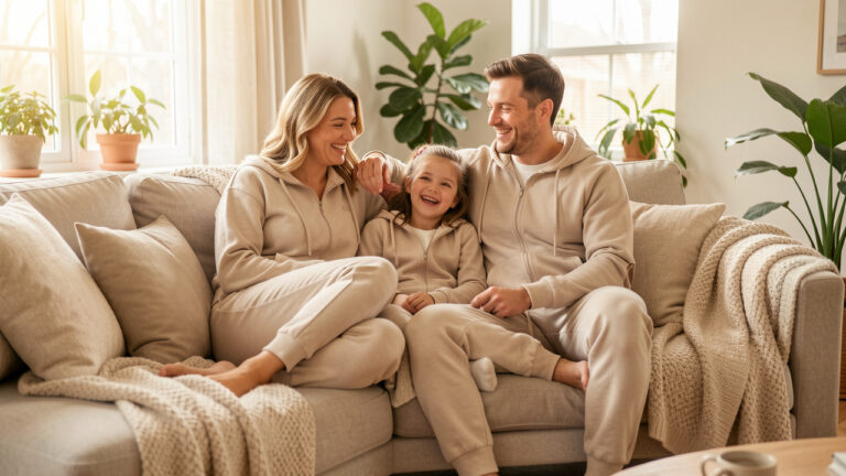 Une femme, un homme et une jeune fille portent des survêtements assortis dans un intérieur chaleureux et moderne.