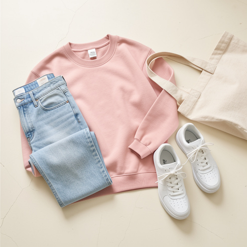 Sweat-shirt rose poudré présenté avec un jean clair, des baskets blanches, un sac en toile et des accessoires neutres pour composer des looks décontractés.