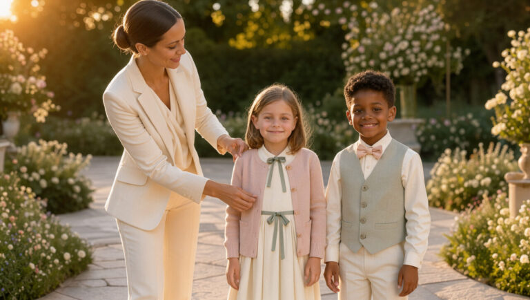 Une femme élégante en tailleur ivoire coordonne les tenues pastel d’une jeune fille et d’un jeune garçon dans un jardin de mariage.