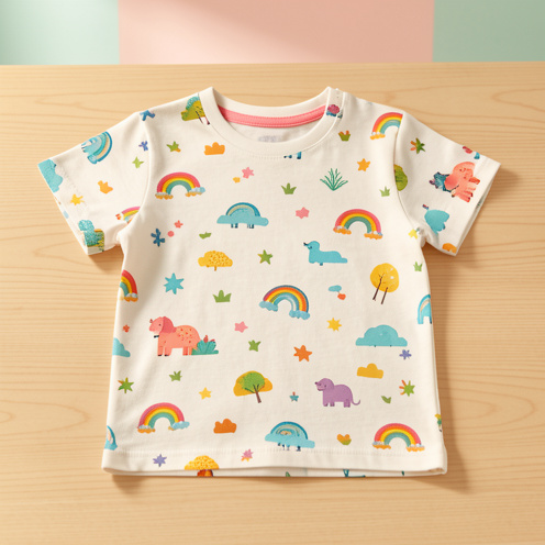 Tee-shirt ludique pour garçon, présenté à plat sur une surface en bois clair avec des détails colorés et une finition en coton doux.