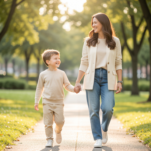 Une mère et son jeune fils portent des tenues coordonnées dans des tons beige, crème et denim, marchant main dans la main dans un parc urbain.