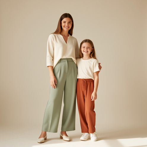 Une femme et sa jeune fille portent des tenues modernes coordonnées dans des tons crème, vert sauge et terracotta.