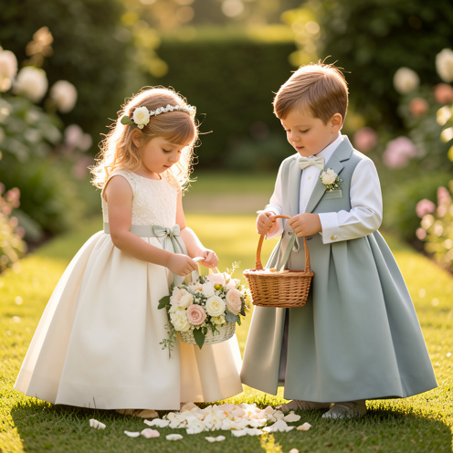 Une jeune fille et un jeune garçon portent des tenues élégantes assorties pour un cortège de mariage dans un jardin fleuri.