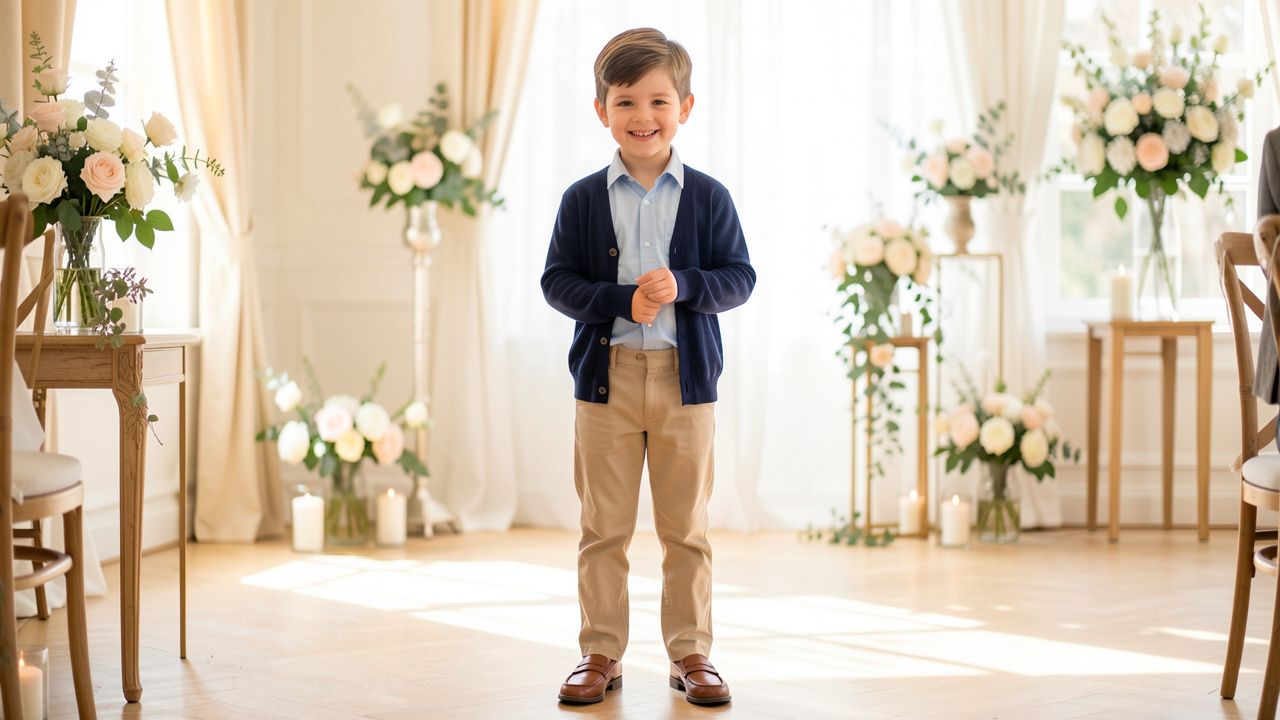 Jeune garçon portant une tenue élégante et confortable pour une cérémonie, avec une chemise bleu clair, un pantalon beige et un cardigan bleu marine.