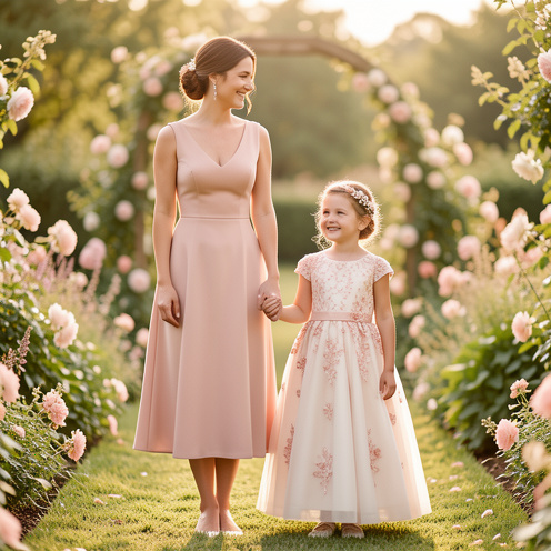 Une mère et sa fille portent des tenues élégantes et assorties dans des tons rose poudré et ivoire pour assister à un mariage.