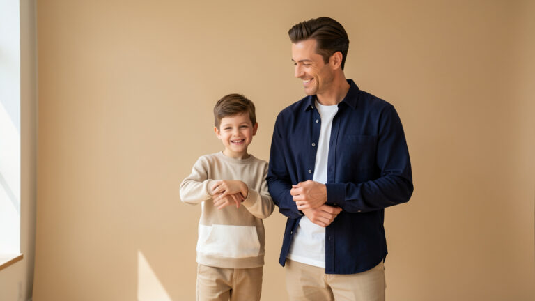 Un père et son jeune fils portent des tenues coordonnées mais différentes dans des tons bleu marine, beige et blanc.
