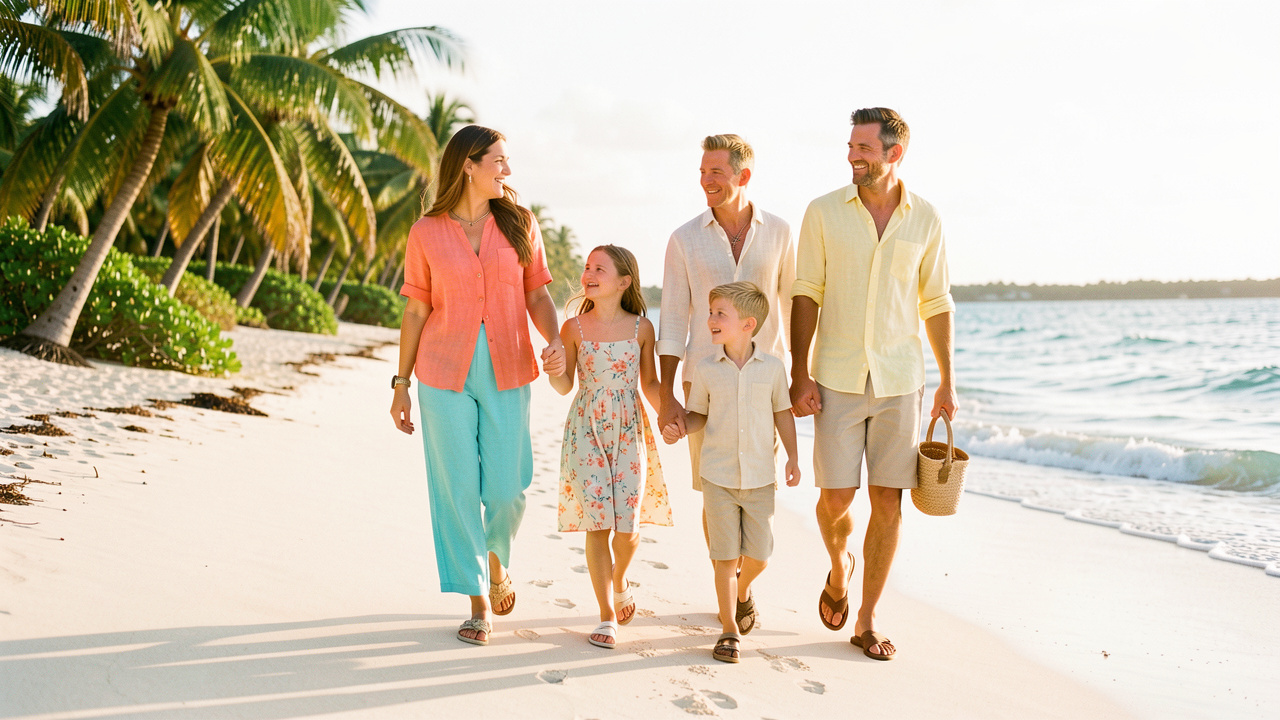 Une famille de quatre personnes marche sur une plage des Bermudes en portant des tenues estivales coordonnées dans des couleurs tropicales, tout en conservant des styles individuels.