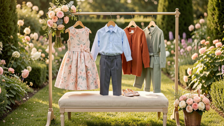 Sélection de tenues élégantes pour enfants invitées à un mariage, dans des couleurs pastel, bleues, terracotta et vert sauge, associées à des fleurs de saison.