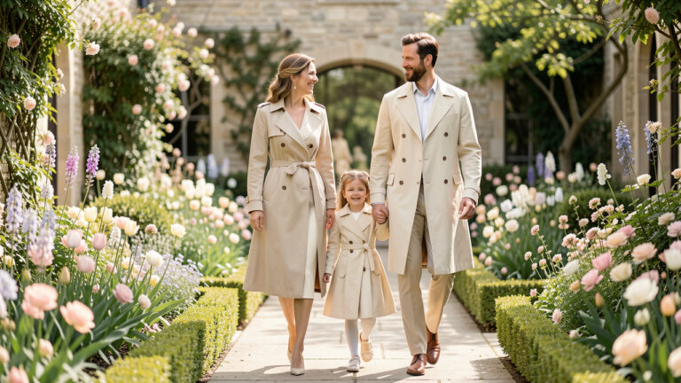 Une famille coordonnée porte des trench-coats légers dans des tons beige et crème lors d’un mariage printanier, dans un élégant jardin fleuri.
