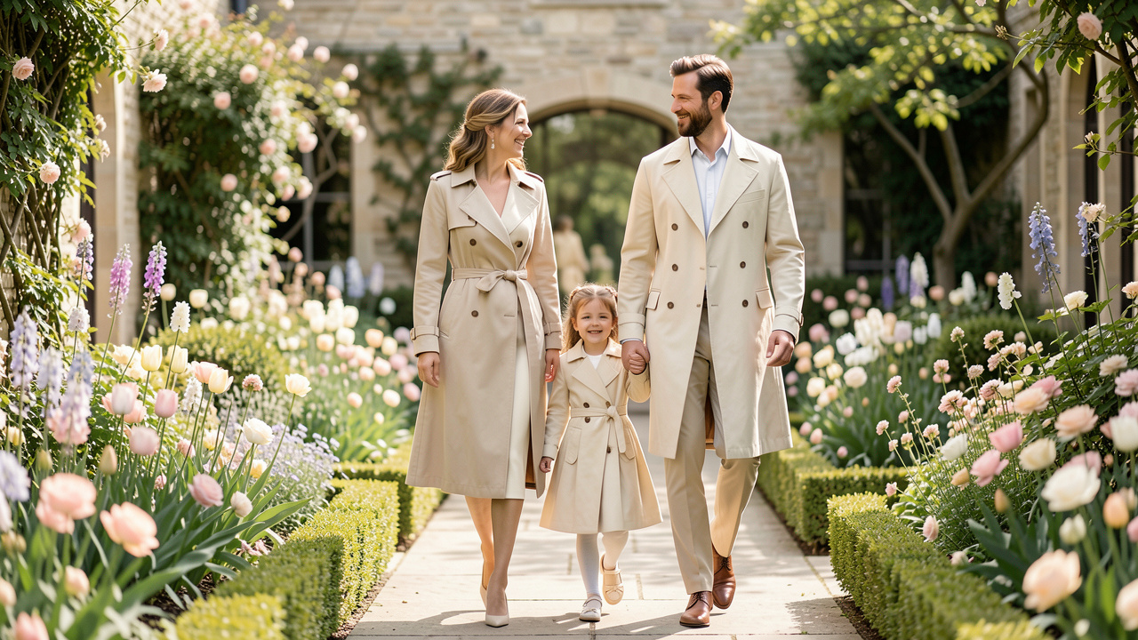 Une famille coordonnée porte des trench-coats légers dans des tons beige et crème lors d’un mariage printanier, dans un élégant jardin fleuri.