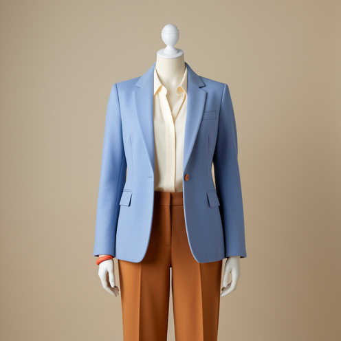 Veste de tailleur bleu poudré présentée avec une blouse crème, un pantalon camel et des accessoires corail dans une composition élégante.