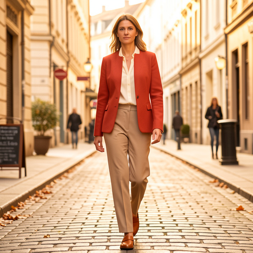 Femme élégante portant une veste couleur paprika avec un chemisier crème, un pantalon beige taille haute et des mocassins en cuir dans une rue baignée de lumière.