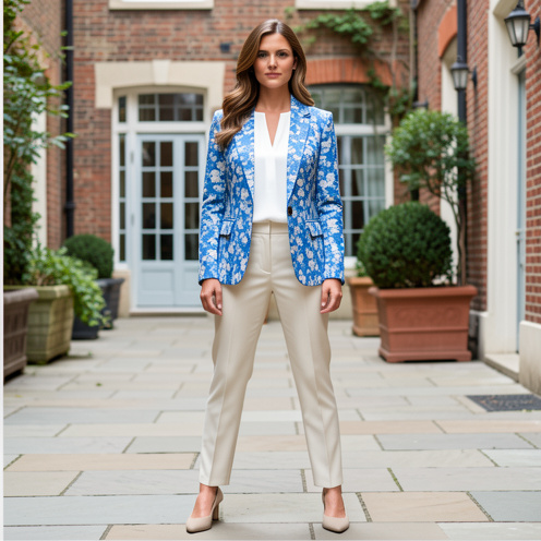 Femme portant une veste à fleurs bleues associée à un pantalon crème, une blouse blanche et des chaussures neutres.