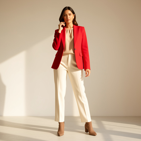 Femme portant une veste rouge fraise avec un chemisier beige, un pantalon crème et des bottines élégantes dans un décor minimaliste.