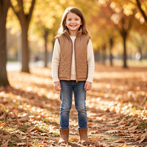 Fillette de 8 ans portant une veste sans manches matelassée sur un pull écru, avec un jean et des bottines, dans un parc aux couleurs automnales.