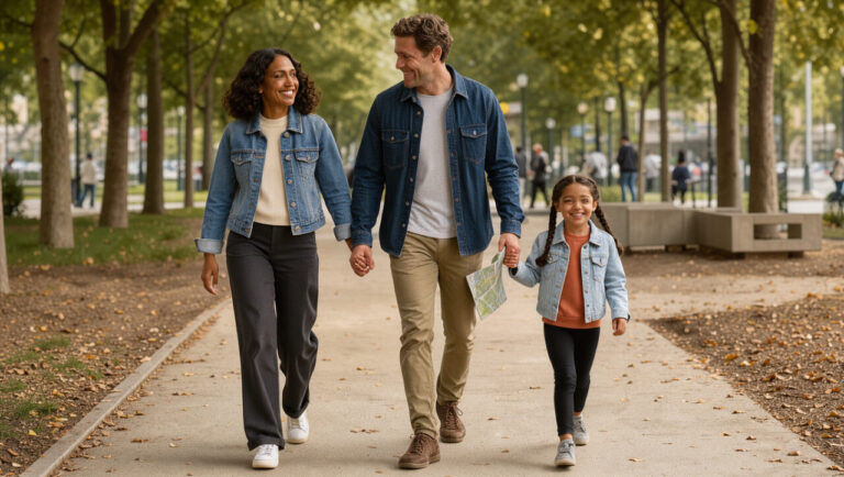 Une femme, un homme et une jeune fille portent des vestes en jean assorties mais différentes, avec des tenues personnelles et complémentaires dans un parc urbain.