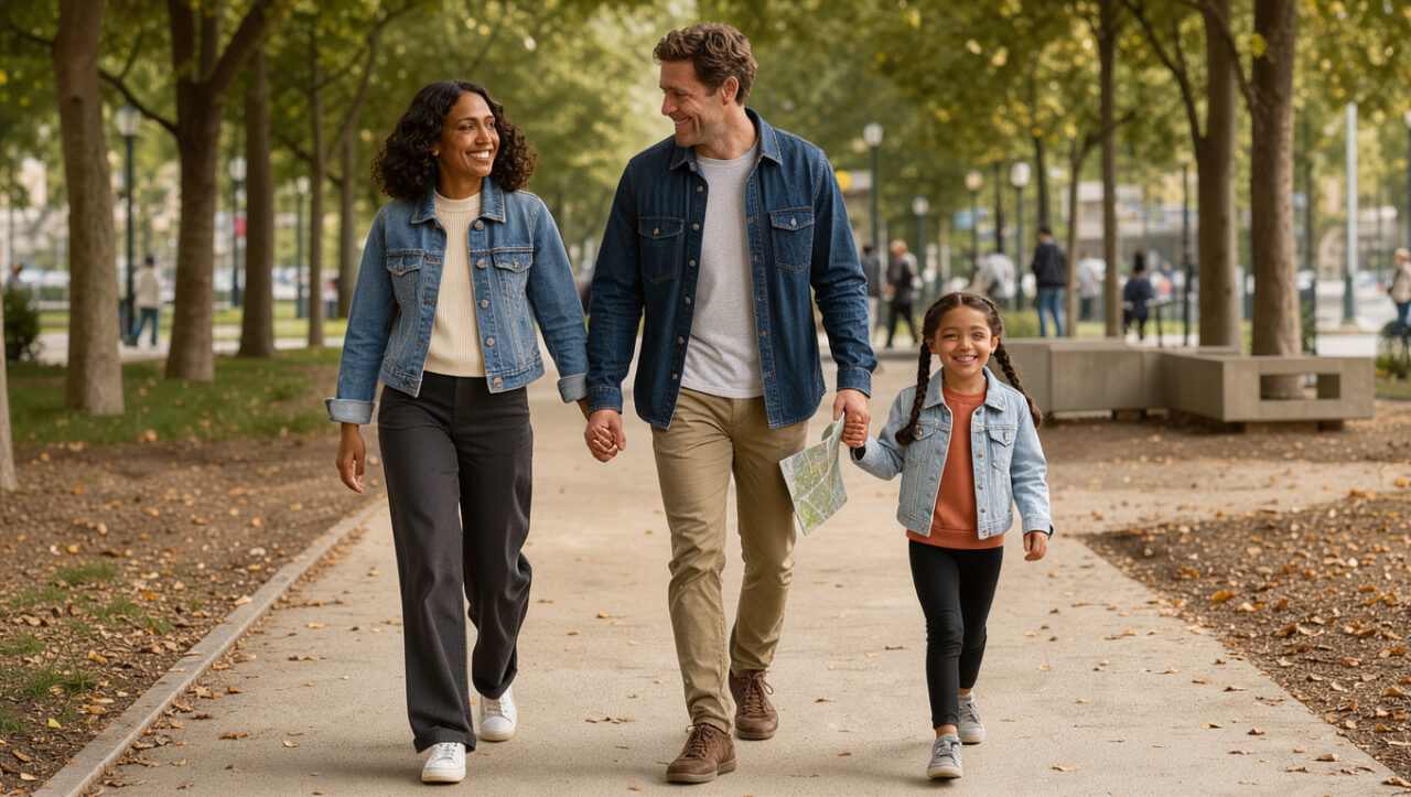 Une femme, un homme et une jeune fille portent des vestes en jean assorties mais différentes, avec des tenues personnelles et complémentaires dans un parc urbain.
