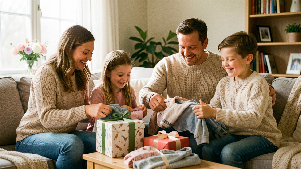 Une famille composée d’une femme, d’un homme, d’une fille et d’un garçon porte des vêtements assortis et ouvre des cadeaux dans un salon chaleureux.